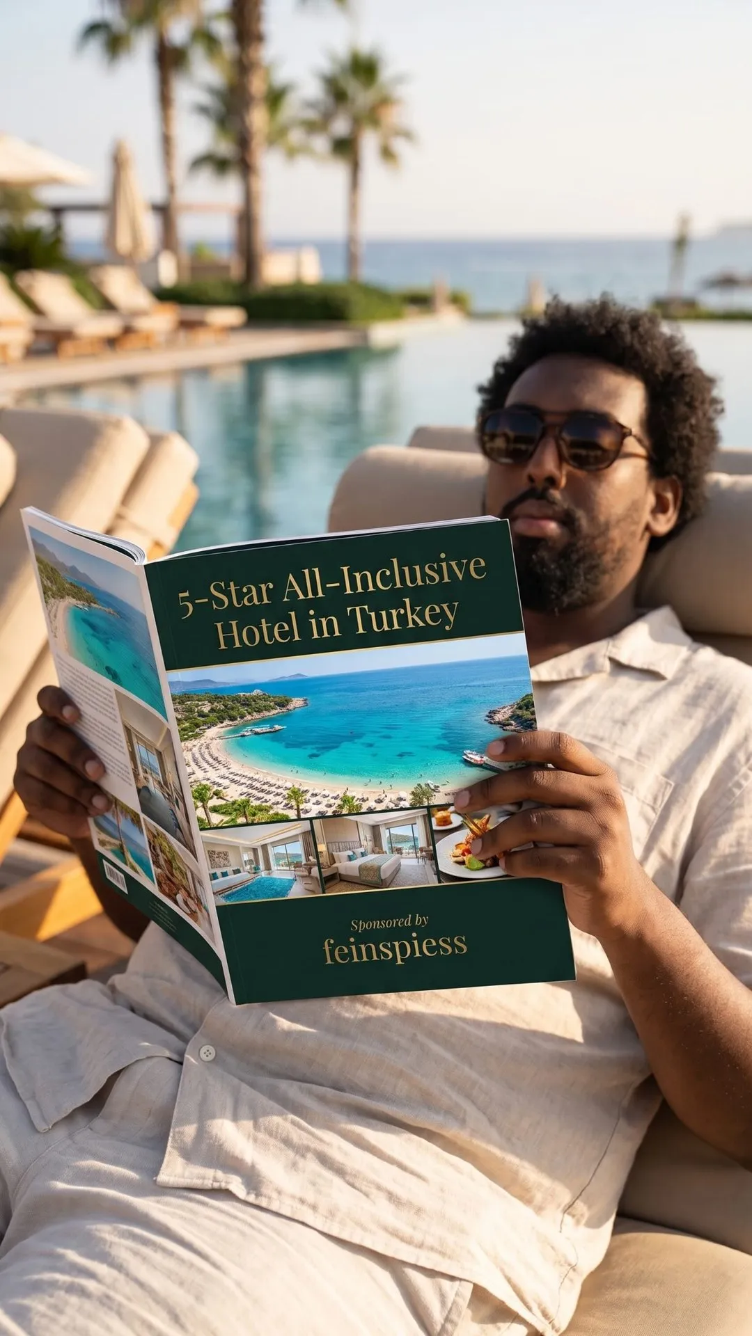 Ausschnitt aus dem Gewinnspielvideo: Ein Mann am Pool liest ein Magazin über ein 5 Sterne Hotel in der Türkei