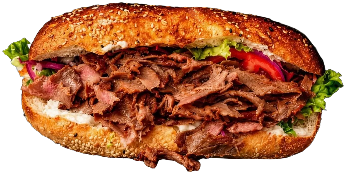 Premium Beef Kebab im Sesambrot mit Salat, Tomate und roten Zwiebeln