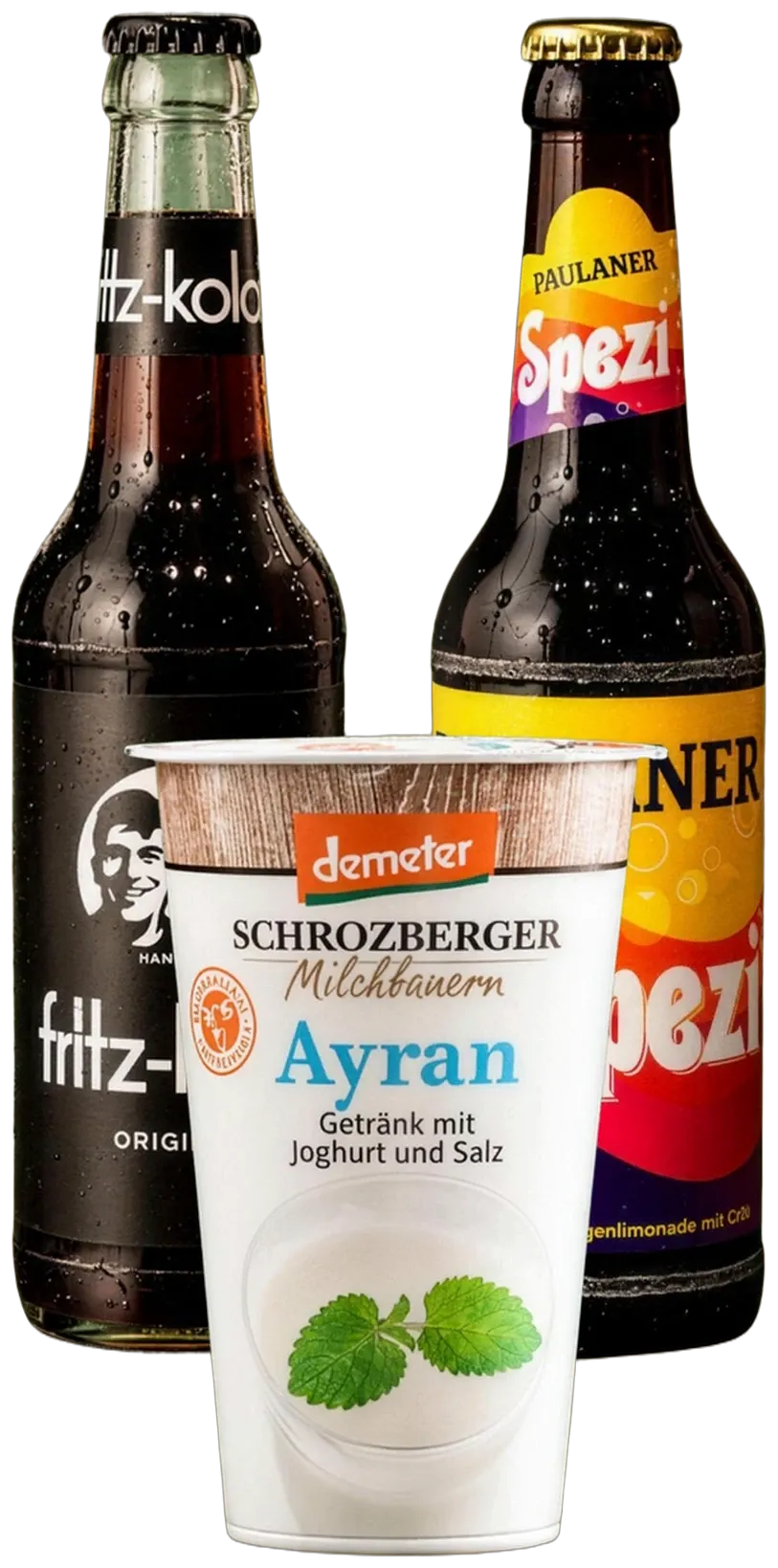 Flaschen von Fritz Kola und Paulaner und ein Becher Ayran