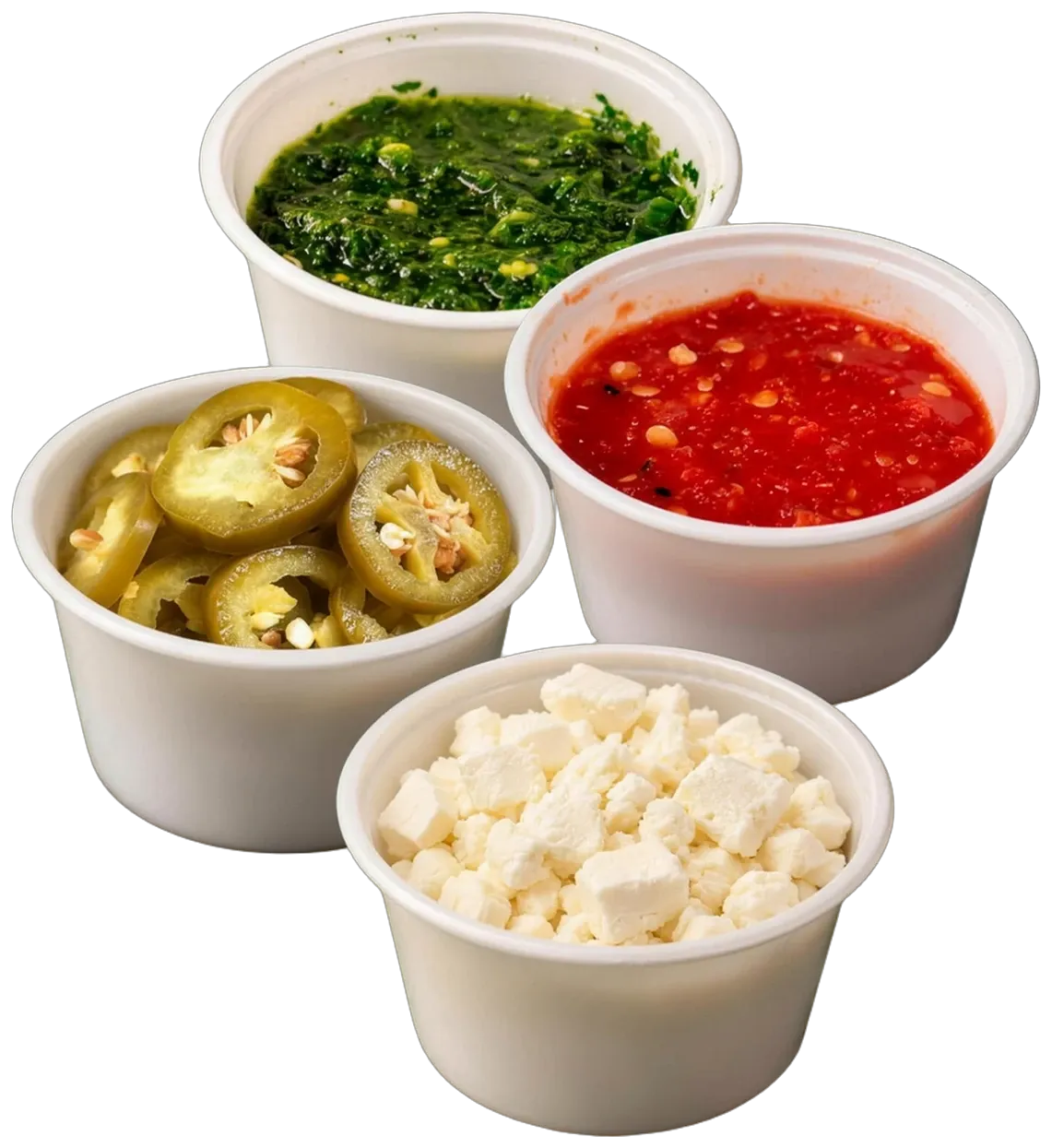 Kräutersauce, scharfe Sauce, Jalapeños und Weichkäse in kleinen Bechern